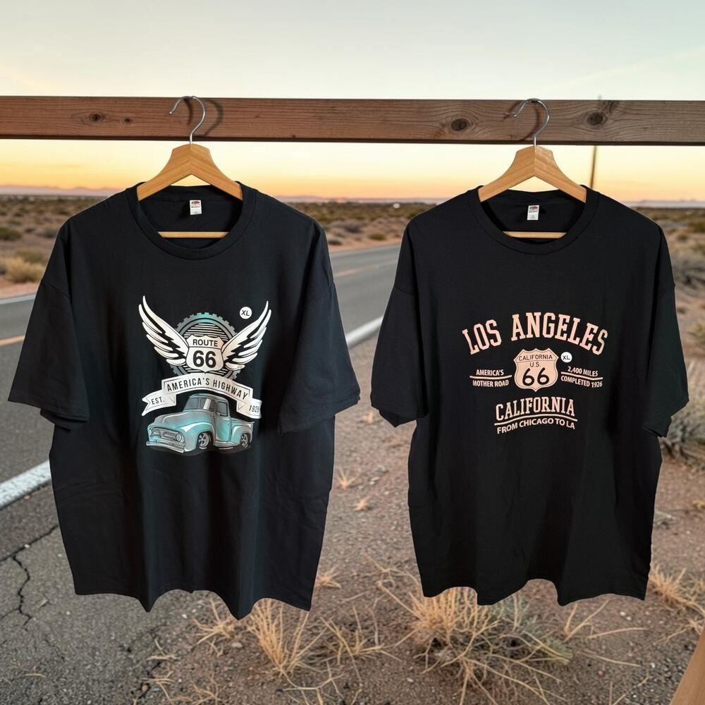 Set of 2 Men's XL Route 66 Los Angeles California 100% Cotton Black S/S T-Shirts